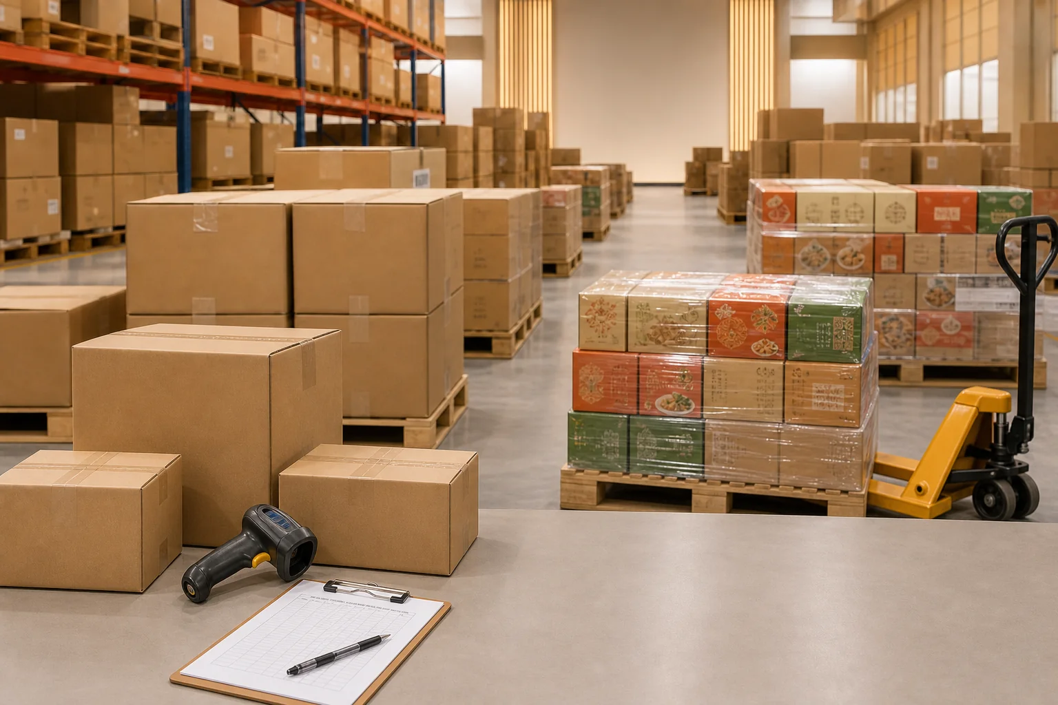 食品礼品仓储货盘、扫码验货与渠道批发场景