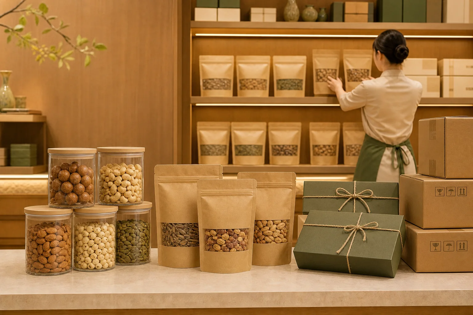坚果炒货与食品礼品门店陈列和货架补货场景